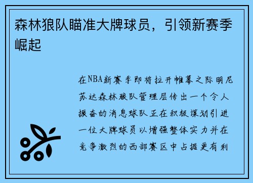 森林狼队瞄准大牌球员，引领新赛季崛起