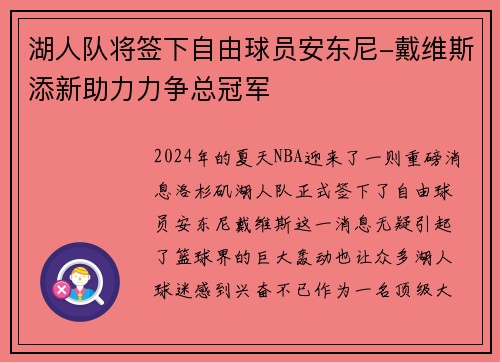 湖人队将签下自由球员安东尼-戴维斯添新助力力争总冠军